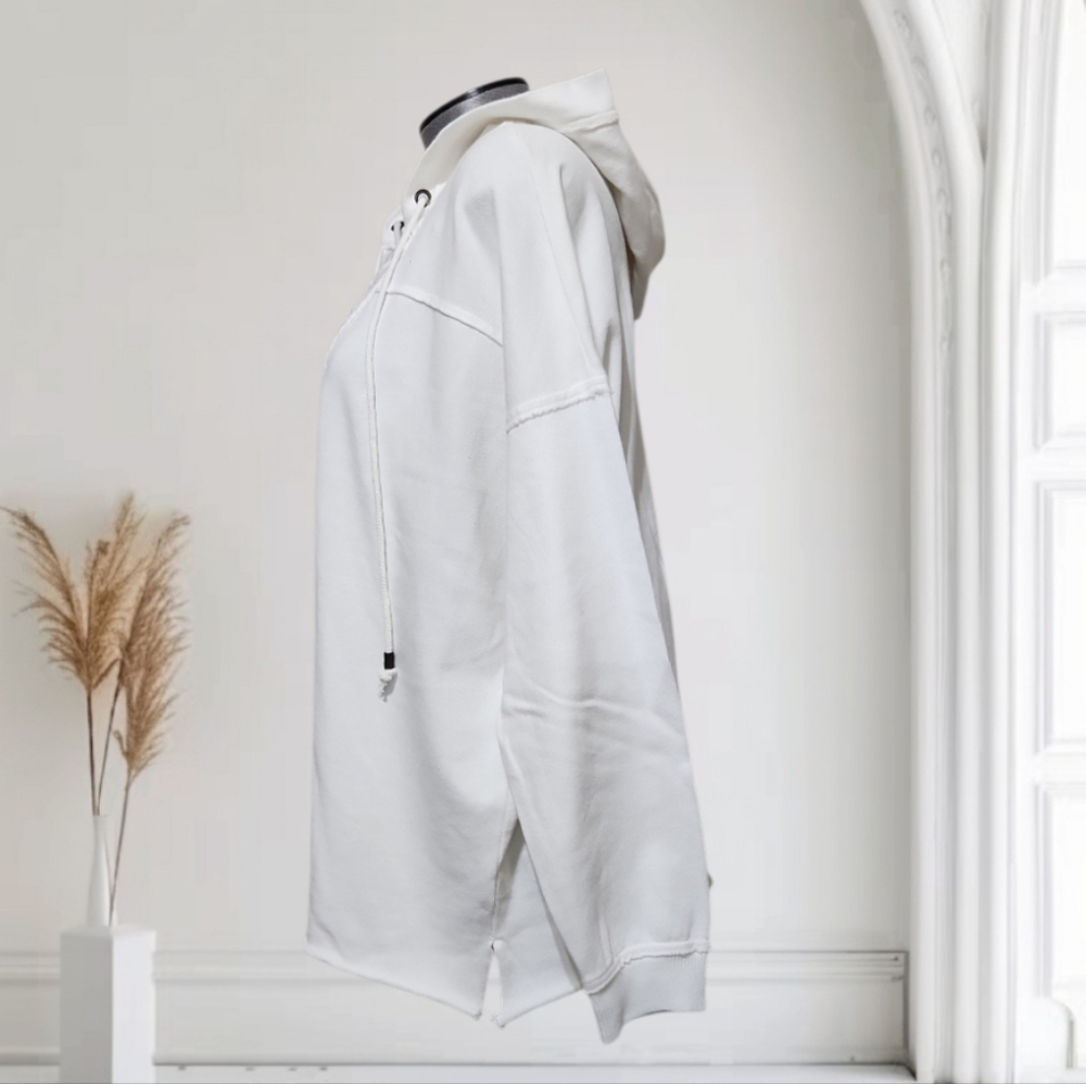 Aerie Soft White Front Lace Up Hooded Sweatshirt Ribbed Cuffs & Rolled Hem (XS) - Picture 5 of 11